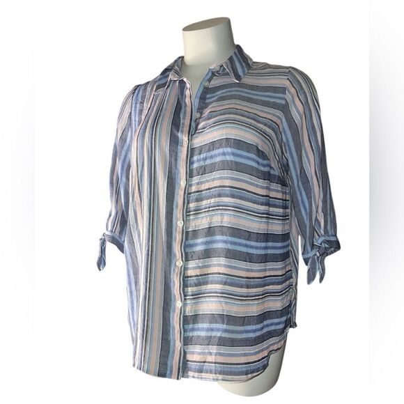 CATHERINES 0X 14/16W Plus Button Front Striped Shirt Tie Sleeve Pink Blue - Picture 1 of 4